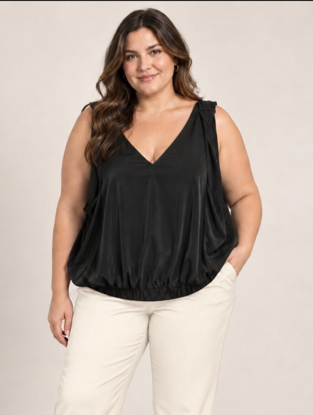 ELOQUII Black V-Neck Bubble Hem Sleeveless Tank Top Size 26